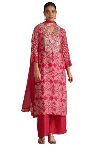 Soch Women Dola Silk Blend Bandhani Print Suit Set with Zardosi