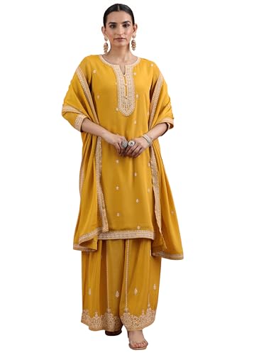 Libas Womens Embroidered Chinon Straight Kurta With Palazzos And Dupatta