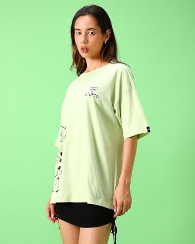 Bewakoof X Official Garfield Merchandise Womens Be Stupid Odie Graphic Printed 100% Cotton T-Shirt - Oversized Fit,Round Neck,H