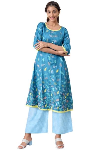 Aurelia Womens Blue Floral Printed A-line Kurta and Palazzo Set (Size: S)-ONVAS13372-504127