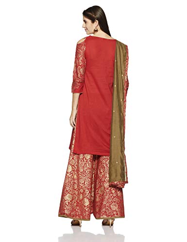 Biba Crepe Women Printed Flared Salwar Kurta Dupatta (Skd5723_Red_38)