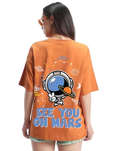 Bewakoof Heavy Duty 1.0 Womens Graphic Print Oversized Fit Half Sleeve Round Neck Cotton Blend T-Shirt_629226_Orange_2XL