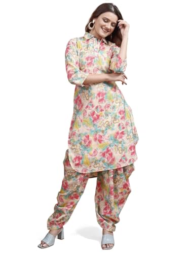 Womanista Women'S Beige Colour Foil Printed Poet Sleeve Tunic With Dhoti Pant Coords Set(Co-Ords_9110_Xl)