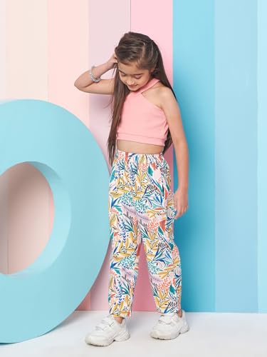 Pspeaches Girls Sleeveless Top With Tropical Printed Trouser