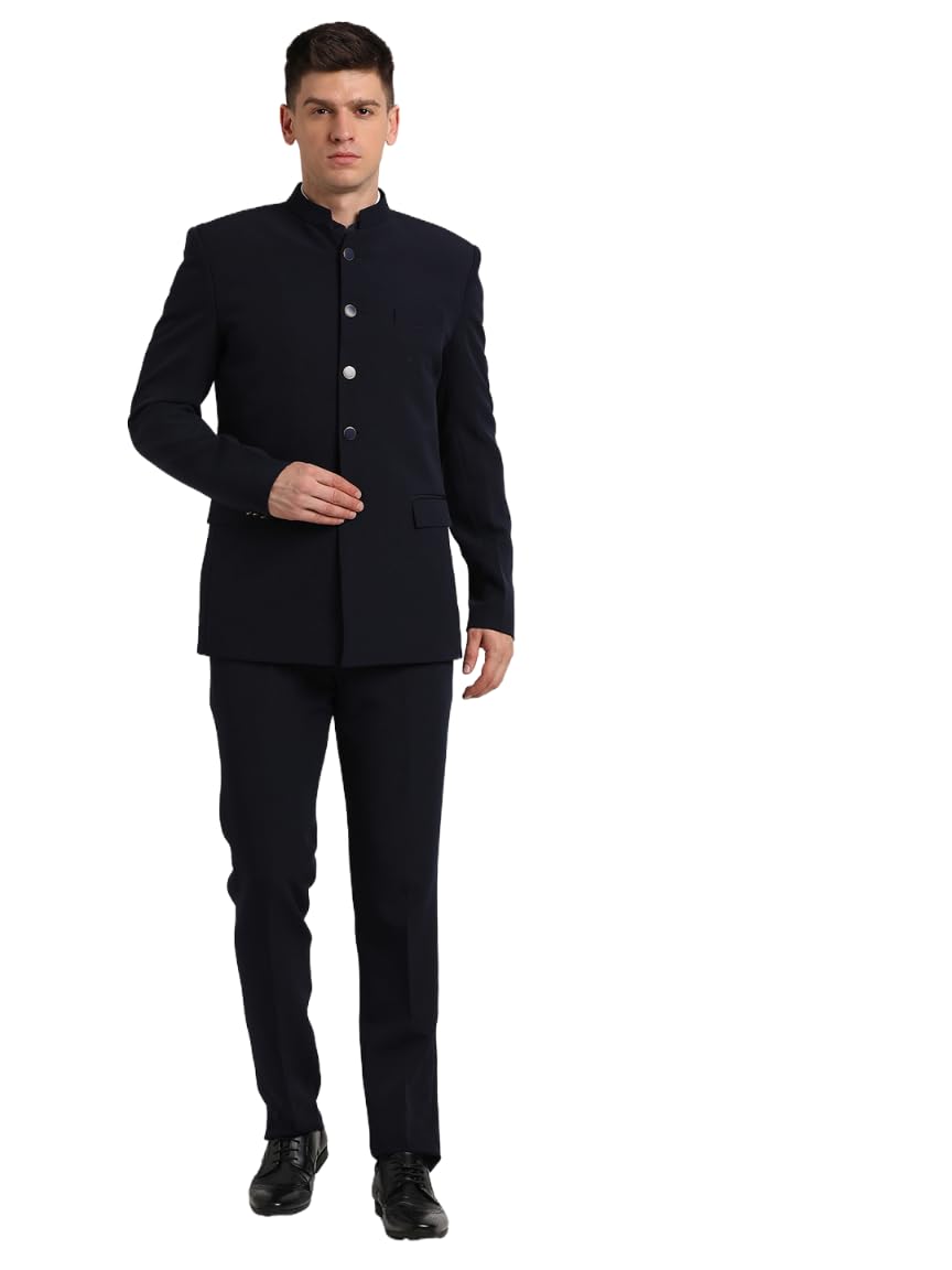 Turtle Men Poly Viscose Mandarin Collar Tailored Fit Navy Blue Three Piece Party Suits