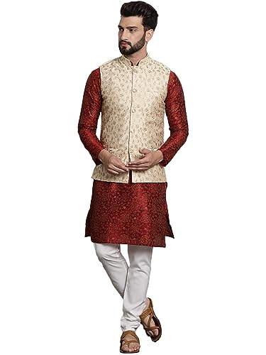 Sojanya (Since 1958 MenS Silk Blend Maroon Kurta & Cream Pyjama With Beige Embroiderd Nehrujacket