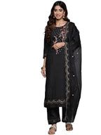 Varanga Women'S Black Thread And Sequins Embroidered Kurta With Bottom And Dupatta