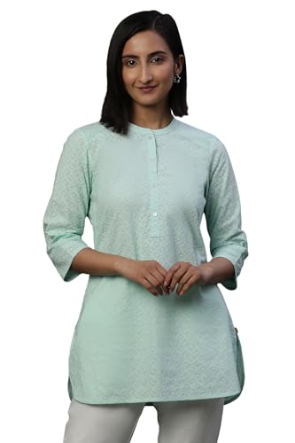 Sky Blue Lace Inserted Short Schiffli Kurti (Size: Xl)-24Aua30487-E607267