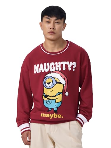 The Souled Store Minions: Naughty Men and Boys Long Sleeves Round Neck Red Graphic Printed Cotton Blend Oversized Sweatshirts
