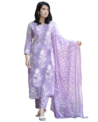 ANNI DESIGNER Womens Cotton Blend Printed Straight Kurta with Pant & Dupatta (Zuri Purple_M_Purple_Medium)