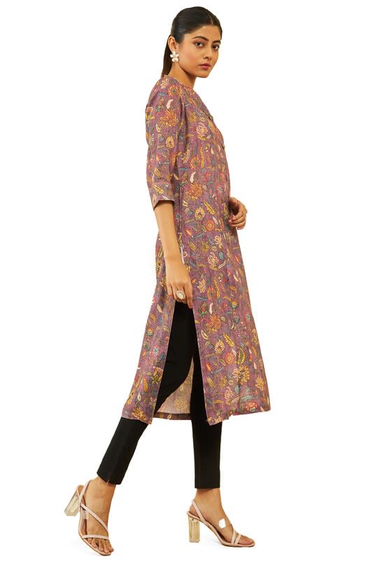 Soch Womens Purple Linen All-Over Floral Print Straight Kurta