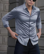 Indoprimo MenS Casual Button Down Long Sleeve Satin Plain Shirt Darkgrey