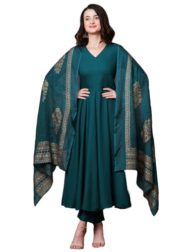 ANNI DESIGNER Womens Rayon Blend Solid Anarkali Kurta with Pant & Dupatta (Magic-KEROSIN-NDM_XXL_Dark Blue_XX-Large)