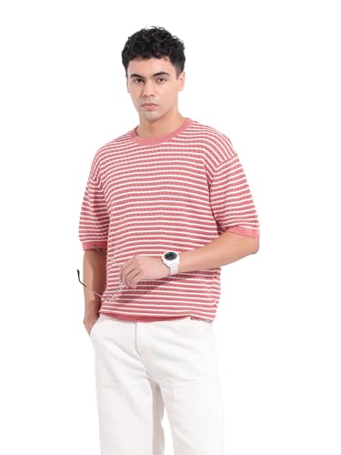The Indian Garage Co Mens Oversized Textured Half Sleeves Crew Neck Flat Knit Sweater