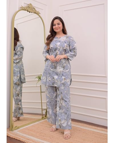 ANNI DESIGNER Womens Cotton Blend Printed Ethnic Co-ord Set (Yojata Grey_S_Grey_Small)