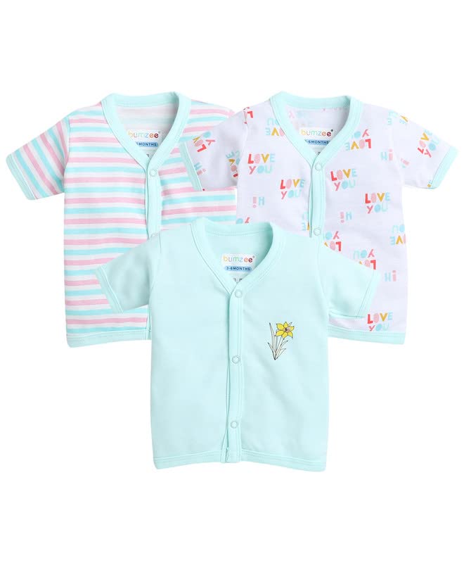 BUMZEE Regular Fit Green & White Girls Half Sleeves Jablas Pack of 3 Age - 0-3 Months (Peb8212B-Grn.Wht)