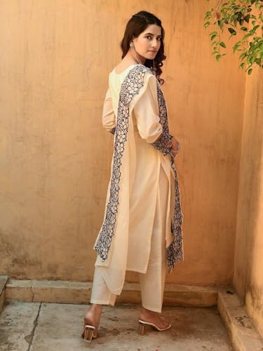 ANNI DESIGNER Womens Cotton Blend Straight Embroidery Kurta with Pant & Dupatta (TRP Off-White_4XL_White_XXXX-Large)