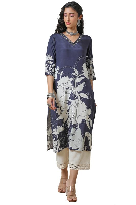 Soch Women'S Vicose Muslin Regular Kurta (Ewa4Ku60769A_Navy Blue