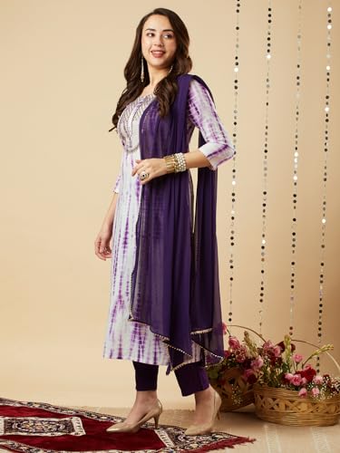 ANNI DESIGNER Womens Cotton Blend Straight Printed Kurta with Pant & Dupatta (Tiedye-BEGANI_3XL_Violet_XXX-Large)