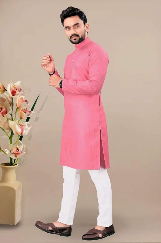 Fashion Gallery MenS Solid Pattern Polycotton Kurta With Long Sleeve Round Neck Knee Length And Pull On Closure Type|Men Kurta