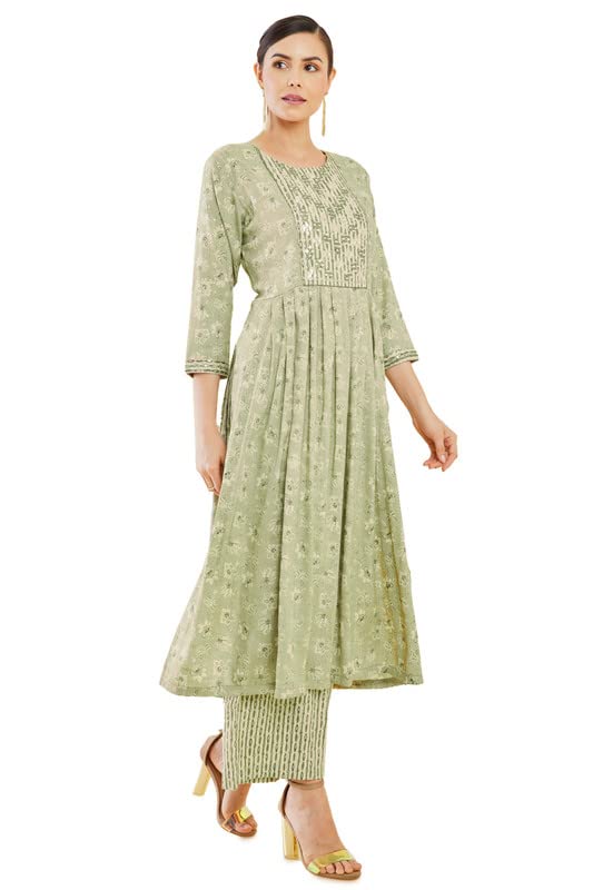 Soch Womens Sap Green Rayon Pleated Printed Kurta Set With Palazzo And Embellishments