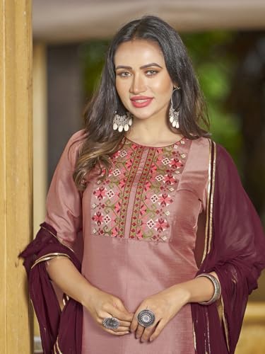 Sanisa Women'S Art Silk Embroidery Straight Kurta With Pant And Gota Lace Work Dupatta