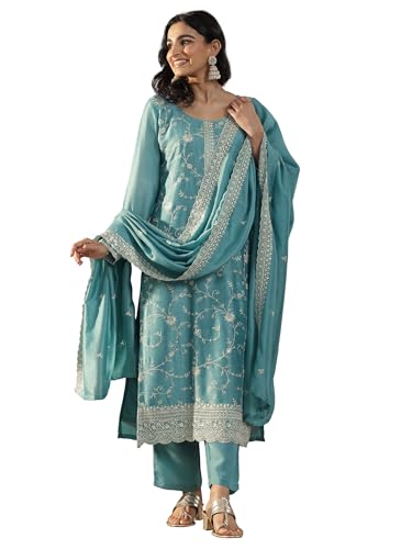 Libas Blue Embroidered Silk Blend Straight Kurta With Trousers & Dupatta