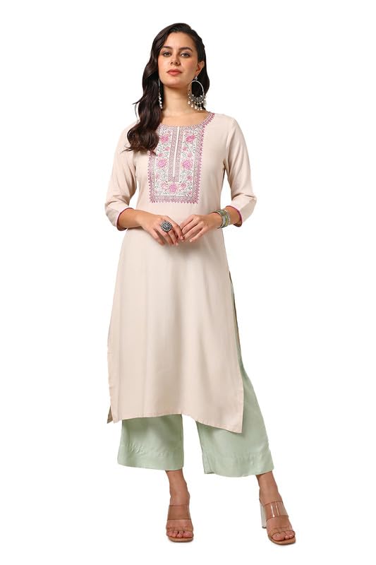 Soch Womens Beige Rayon Embroidered Kurta With Thread Work