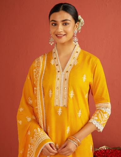 Kaari Cotton Womens Kurta Set (KAAAW24WSKD-92029_Turmeric Gold