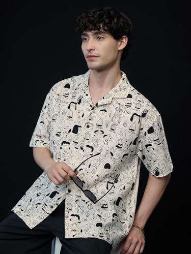 The Souled Store Peanuts: Characters Men and Boys Short Sleeves Collared Neck Button Front Off White All Over Printed Regular Fi