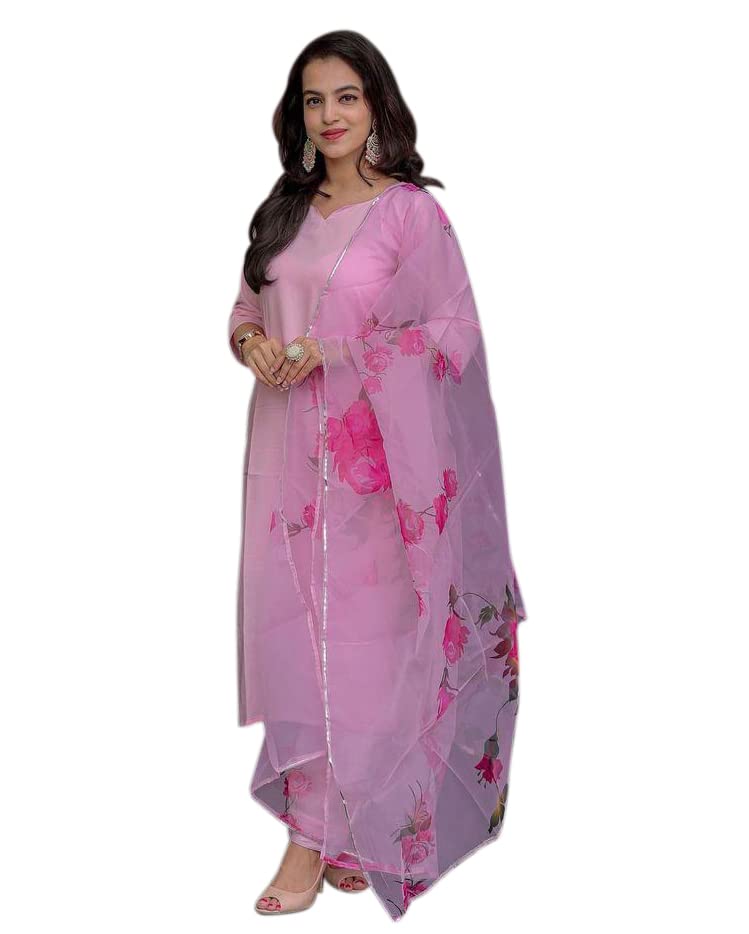 Gosriki Women'S Cotton Blend Straight Printed Kurta With Pant & Dupatta(Sikari Pink_L-Go_Pink_Large)