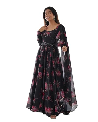Fashion Basket Floral Print Anarkali Kurta With Pant And Dupatta (Black, M)