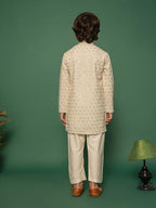 VASTRAMAY Boys Embroidered Kurta Pant Set with Gold-Trimmed Placket and Loafers Festive & Ethnic Wear
