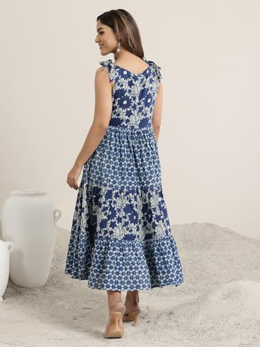 Libas WomenS Cotton Fit And Flare Midi Dress (29443Or_Blue