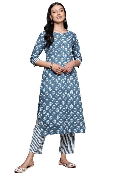 Anubhutee Women'S Cotton Blue Floral Printed Straight Kurta Suit Set With Trousers