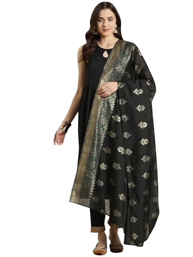 Ziyaa Women'S Black Color Crepe Flared Dyed Kurta, Pant And Dupatta Set (Hnskdcr4033