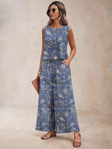Sugathari Womens Blue Print Womens 2 Piece Pants Set  Sleeveless Ruffle Hem Button Back Tank Top & Wide Leg Pants | Casual Summ