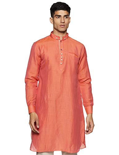 Manyavar Mens Full Sleeve Blended Kurta, Orange - Large (ML11774-318)