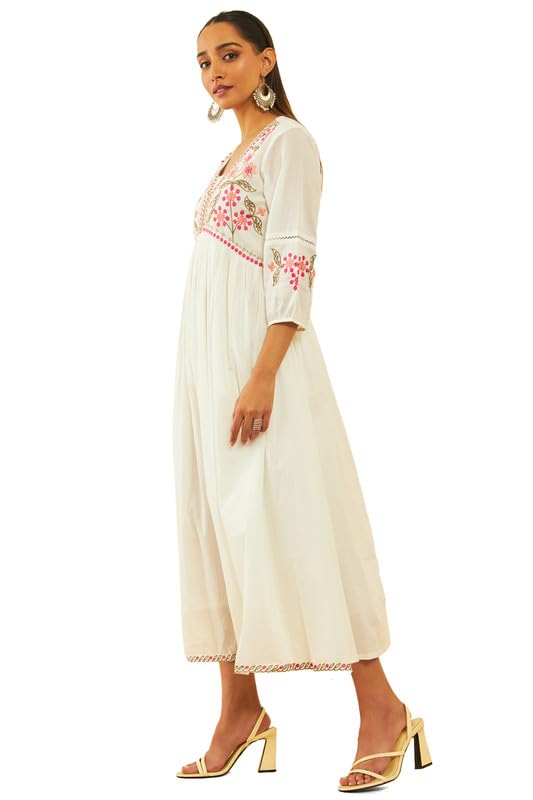 Soch Womens Off White Cotton Embroidered Empire Dress With Cutdana