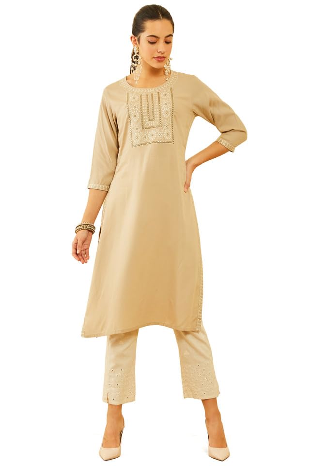 Soch Women Rayon Yoke Design Embroidered Kurta with Faux Mirror