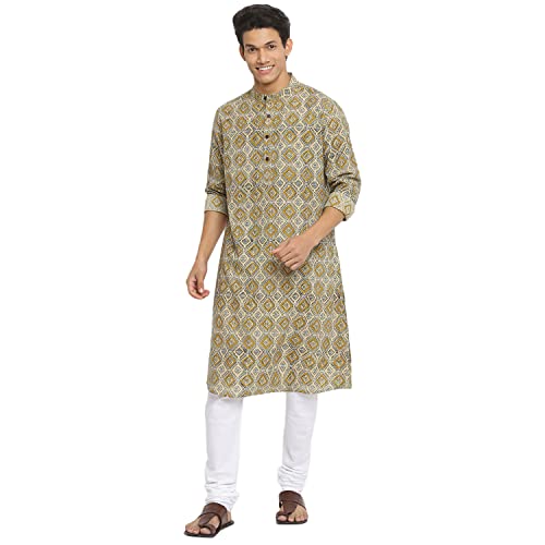 Fabindia Men Collar Cotton Printed Long Kurta Chinese_Xs Multicolour