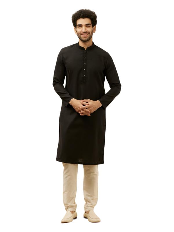 Manyavar Mens Black Blended Cotton Solid Kurta Pyjama Set