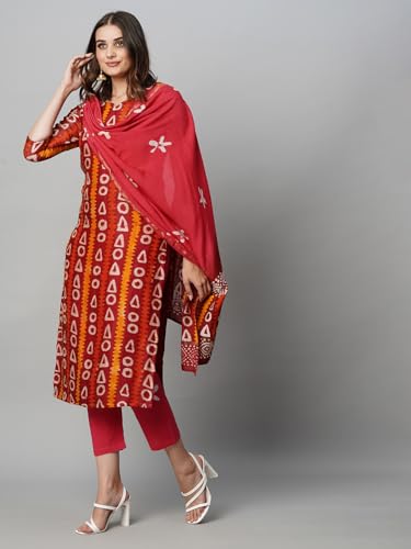 ANNI DESIGNER Womens Cotton Blend Straight Printed Kurta with Pant & Dupatta (Juraho Maroon_L_Maroon_Large)