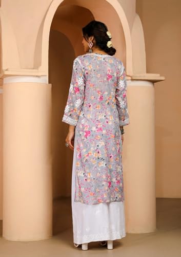 ANNI DESIGNER Womens Rayon Blend Chikankari Embroidered Straight Kurta (KISRUP-Multi_L_Grey_Large)