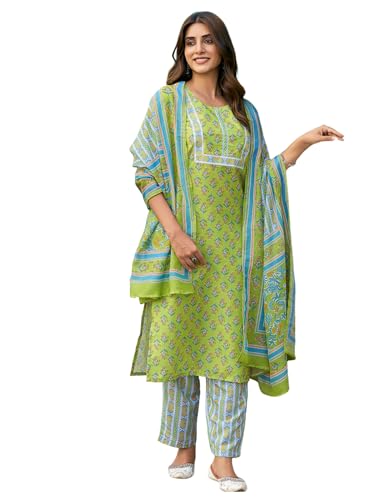 Sanisa Women'S Rayon Blend Floral And Geometric Printed Straight Kurta With Pant And Dupatta Set| Ethnic Set | Suit Set | Kurta 