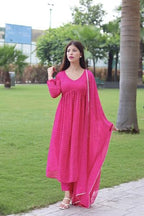 ANNI DESIGNER Womens Georgette Lehariya Printed Anarkali Kurta with Pant & Dupatta (MOTHDA-Pink_XL_Pink_X-Large)