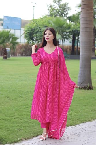 ANNI DESIGNER Womens Georgette Lehariya Printed Anarkali Kurta with Pant & Dupatta (MOTHDA-Pink_XL_Pink_X-Large)
