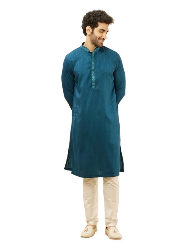 Manyavar Mens Blue Art Silk JACQUARD Kurta Pyjama Set