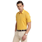 Turtle Men Cotton Linen Yellow Plain Regular Fit Half Sleeve Formal Shirt