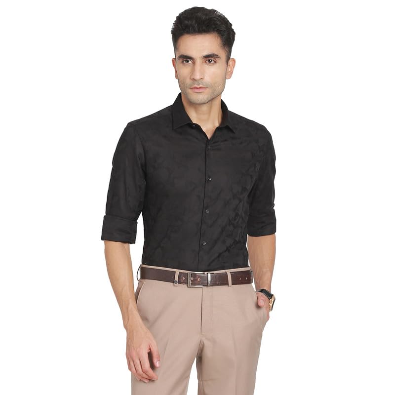 Turtle Men 100% Cotton Slim Fit Black Jacquard Party Shirt